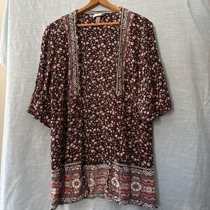 Knox Rose Boho Open Cardigan/Kimono Short Sleeve Black/Pink Floral Women’s Sz L